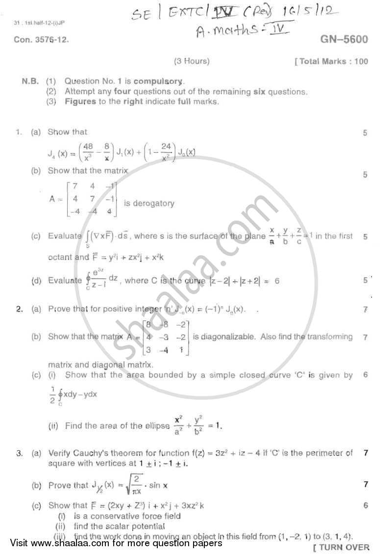 Applied Mathematics 4 2011-2012 - B.E. - Semester 4 (SE Second Year) - University of Mumbai question paper with PDF download