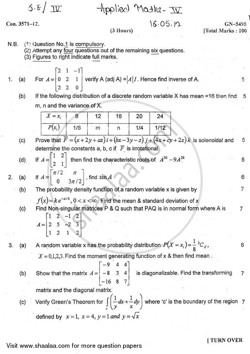 Applied Mathematics 4 2011-2012 - B.E. - Semester 4 (SE Second Year) - University of Mumbai question paper with PDF download