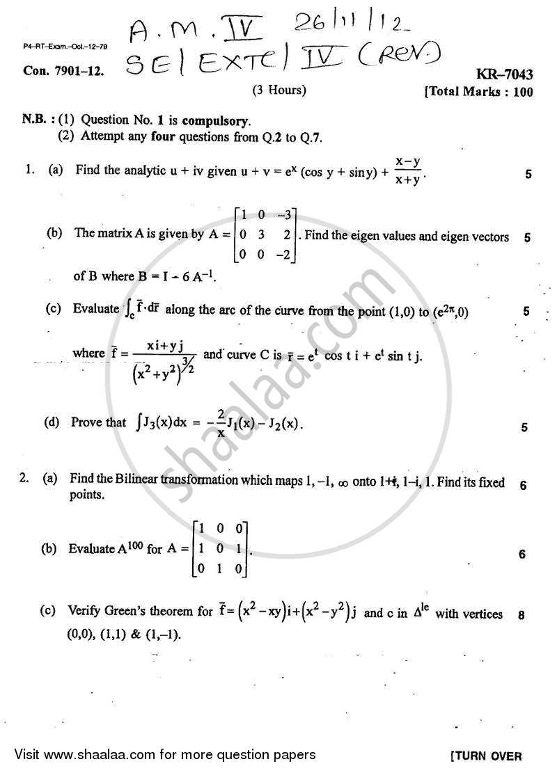 Applied Mathematics 4 2012-2013 - B.E. - Semester 4 (SE Second Year) - University of Mumbai question paper with PDF download