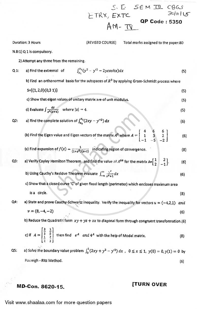 Applied Mathematics 4 2015-2016 - B.E. - Semester 4 (SE Second Year) - University of Mumbai question paper with PDF download