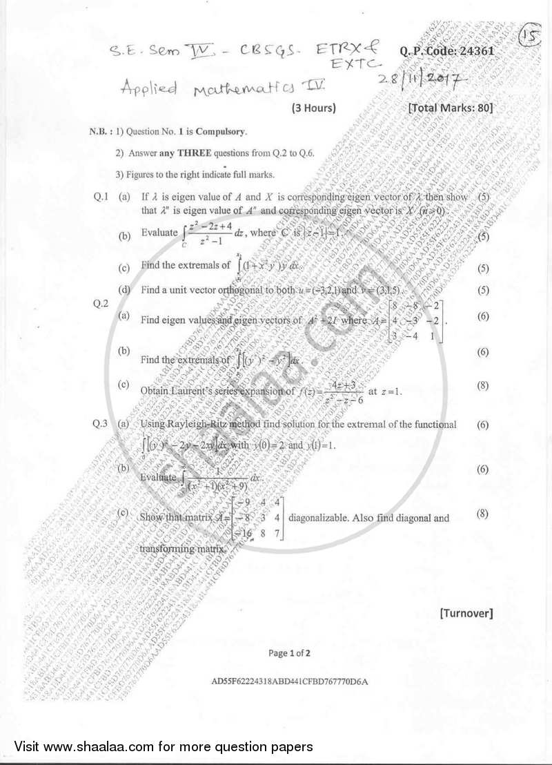 Applied Mathematics 4 2017-2018 - B.E. - Semester 4 (SE Second Year) - University of Mumbai question paper with PDF download