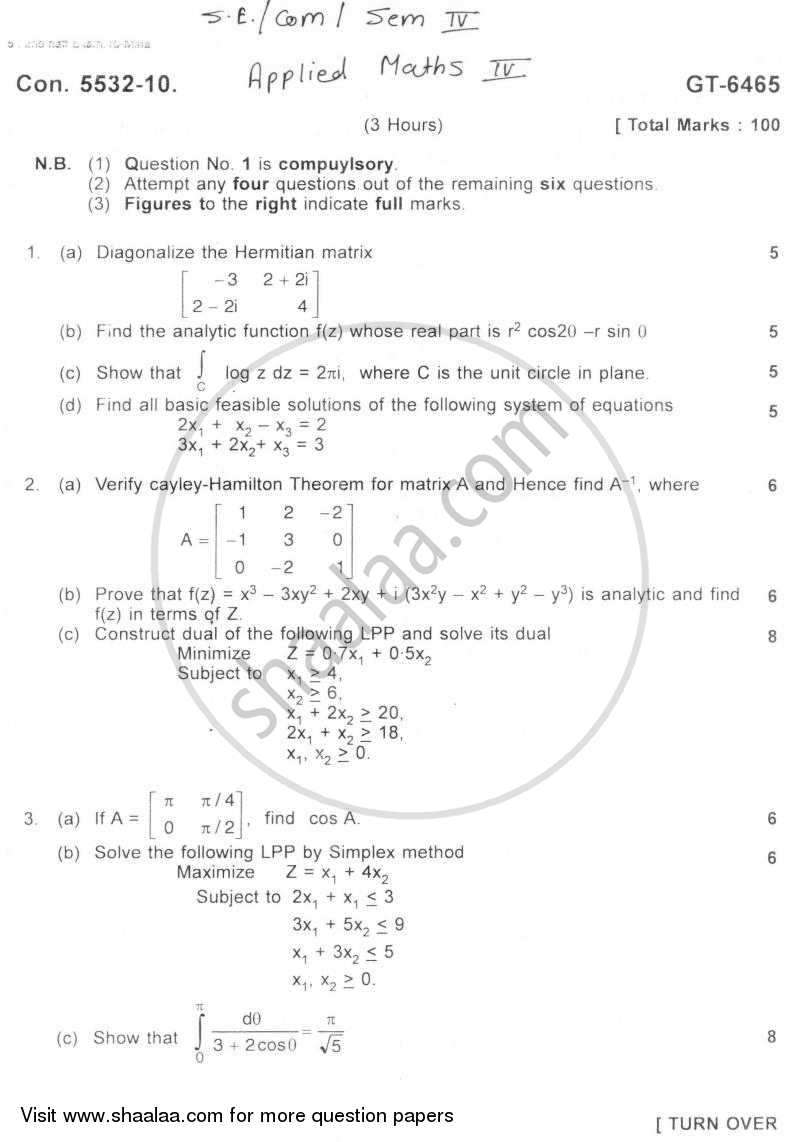 Applied Mathematics 4 2010-2011 - B.E. - Semester 4 (SE Second Year) - University of Mumbai question paper with PDF download