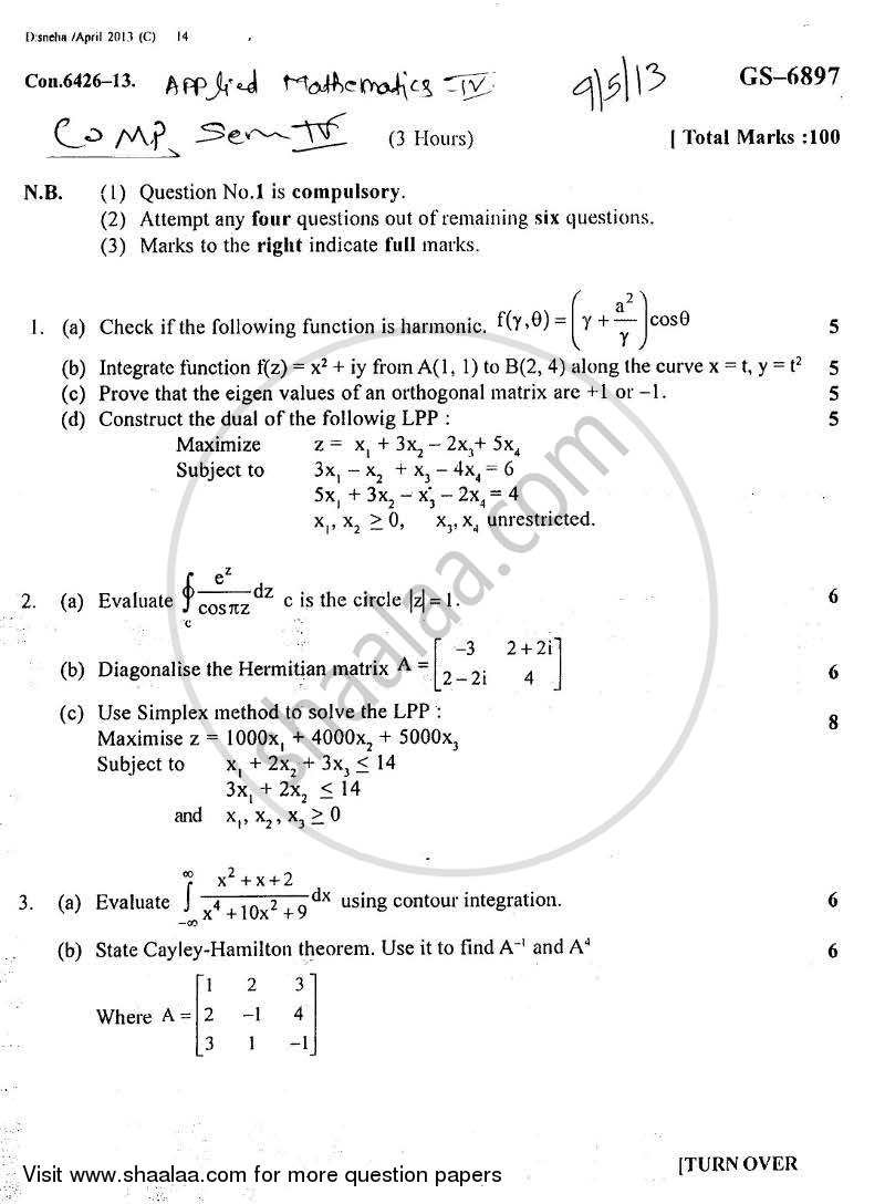 Applied Mathematics 4 2012-2013 - B.E. - Semester 4 (SE Second Year) - University of Mumbai question paper with PDF download