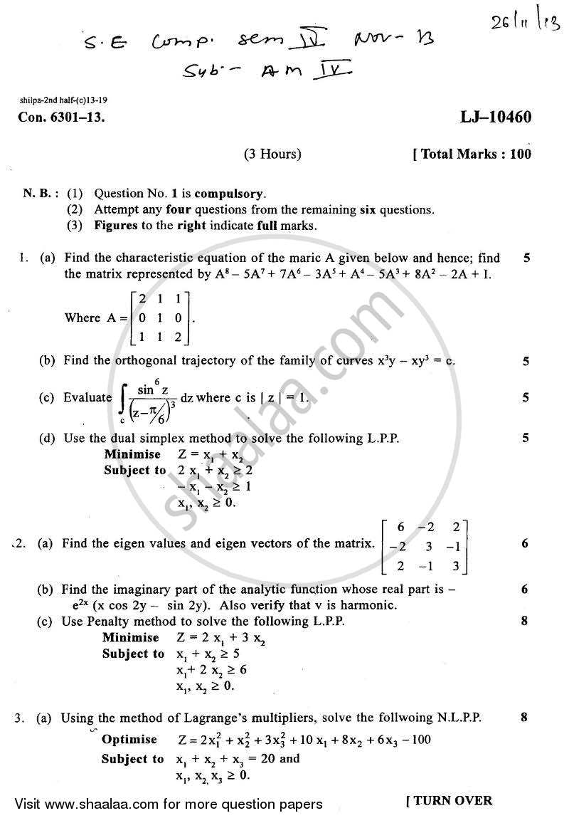 Applied Mathematics 4 2013-2014 - B.E. - Semester 4 (SE Second Year) - University of Mumbai question paper with PDF download