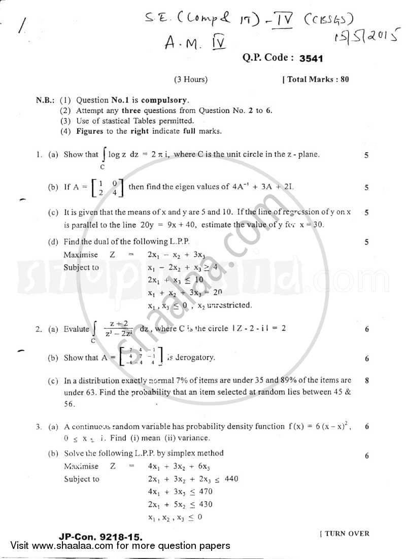 Applied Mathematics 4 2014-2015 - B.E. - Semester 4 (SE Second Year) - University of Mumbai question paper with PDF download