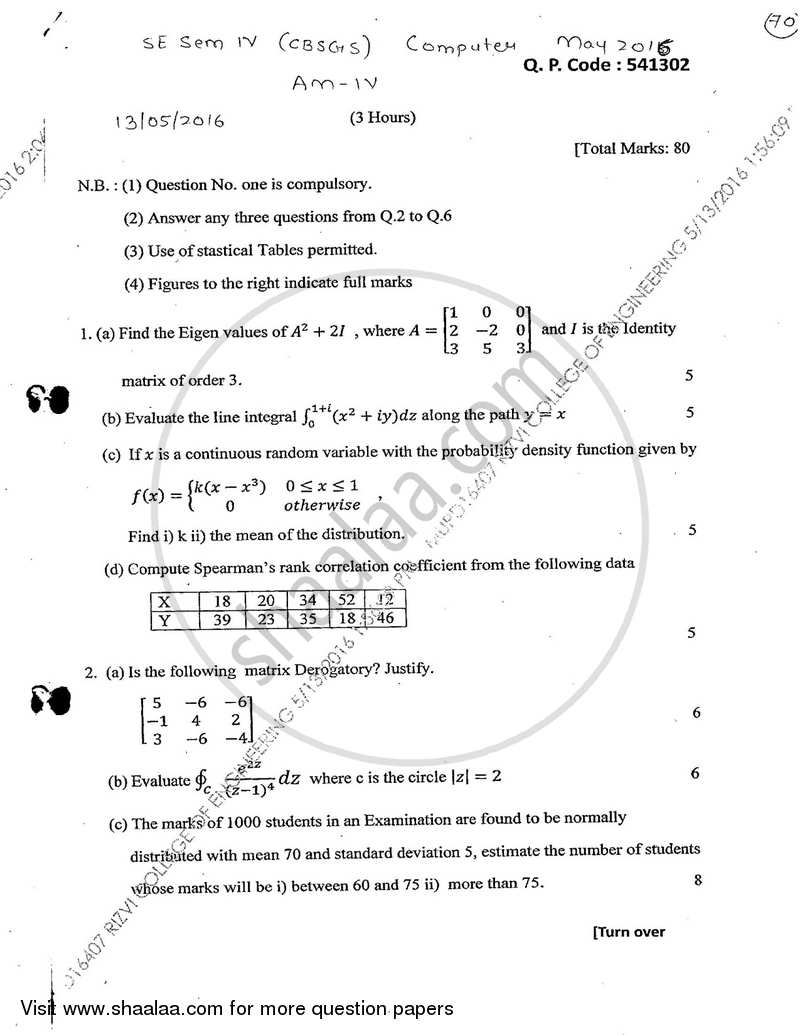 Applied Mathematics 4 2015-2016 - B.E. - Semester 4 (SE Second Year) - University of Mumbai question paper with PDF download