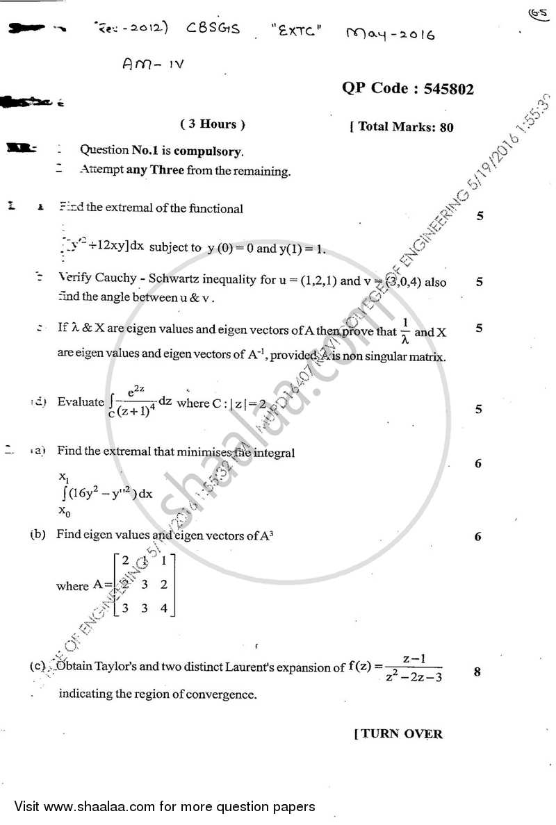 Applied Mathematics 4 2015-2016 - B.E. - Semester 4 (SE Second Year) - University of Mumbai question paper with PDF download