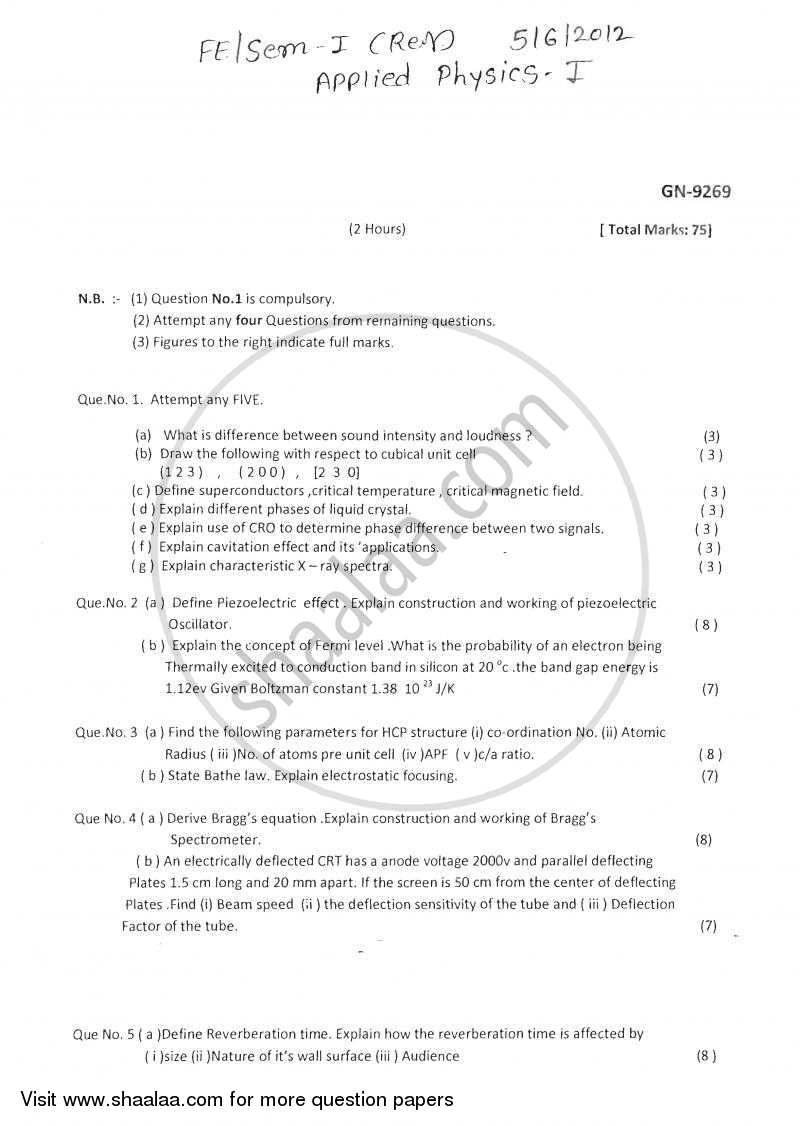Applied Physics 1 2011-2012 - B.E. - Semester 1 (FE First Year) - University of Mumbai question paper with PDF download