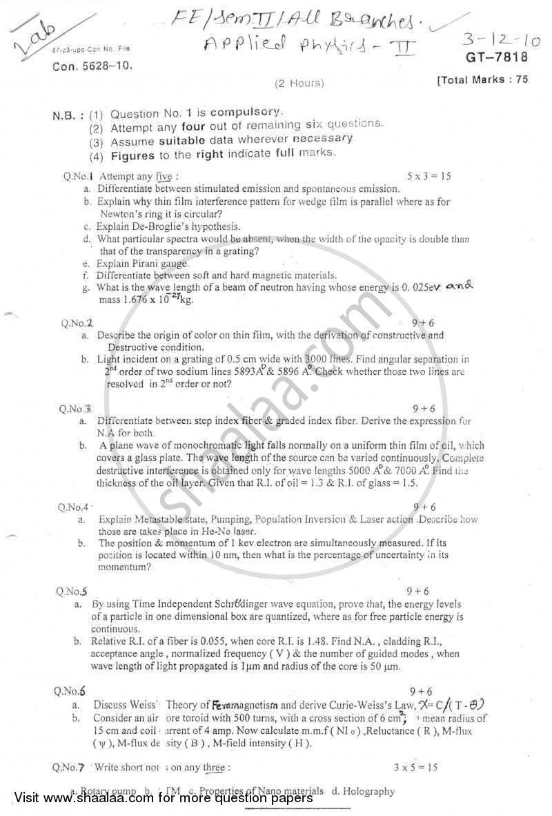 Applied Physics 2 2010-2011 - B.E. - Semester 2 (FE First Year) - University of Mumbai question paper with PDF download