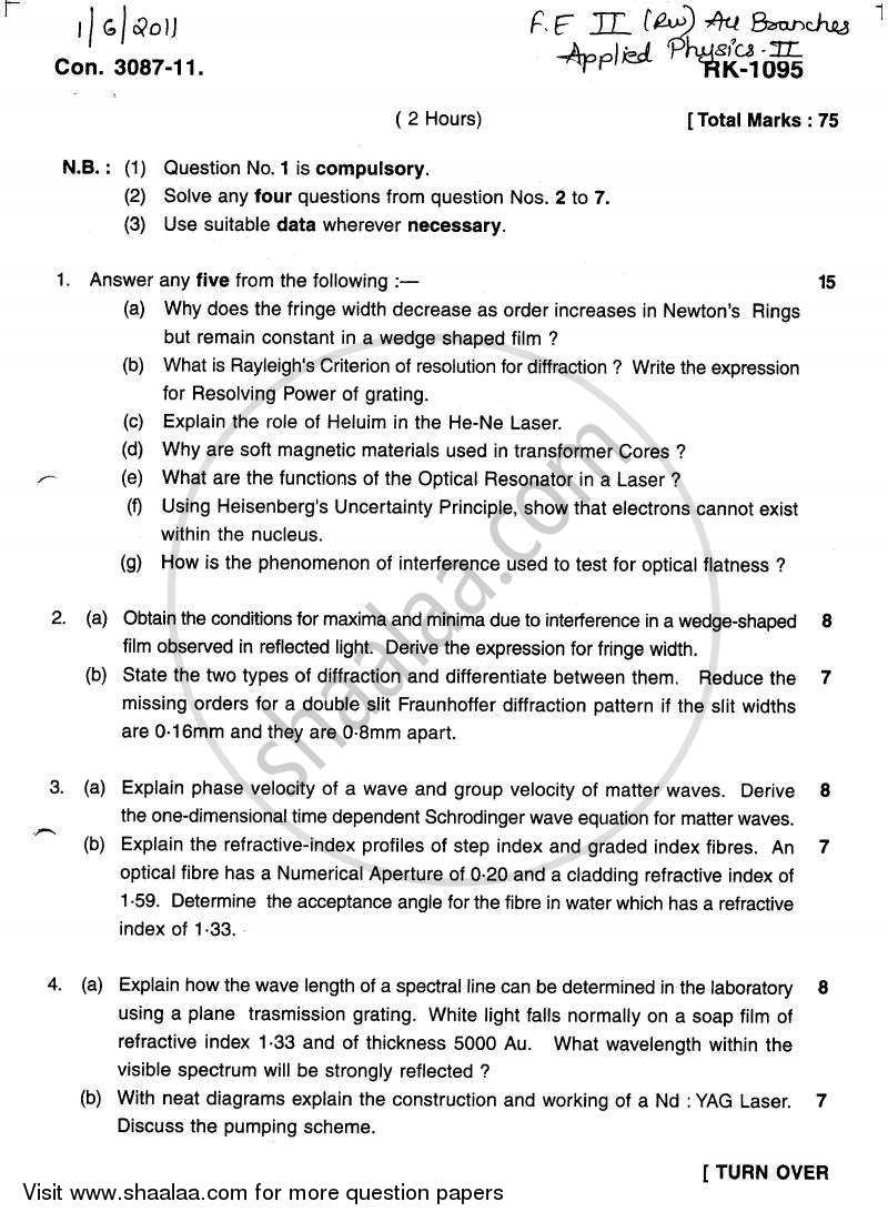 Applied Physics 2 2010-2011 - B.E. - Semester 2 (FE First Year) - University of Mumbai question paper with PDF download