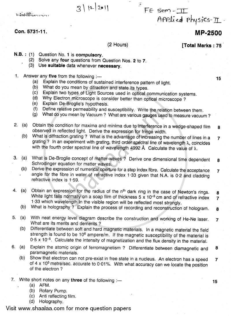 Applied Physics 2 2011-2012 - B.E. - Semester 2 (FE First Year) - University of Mumbai question paper with PDF download