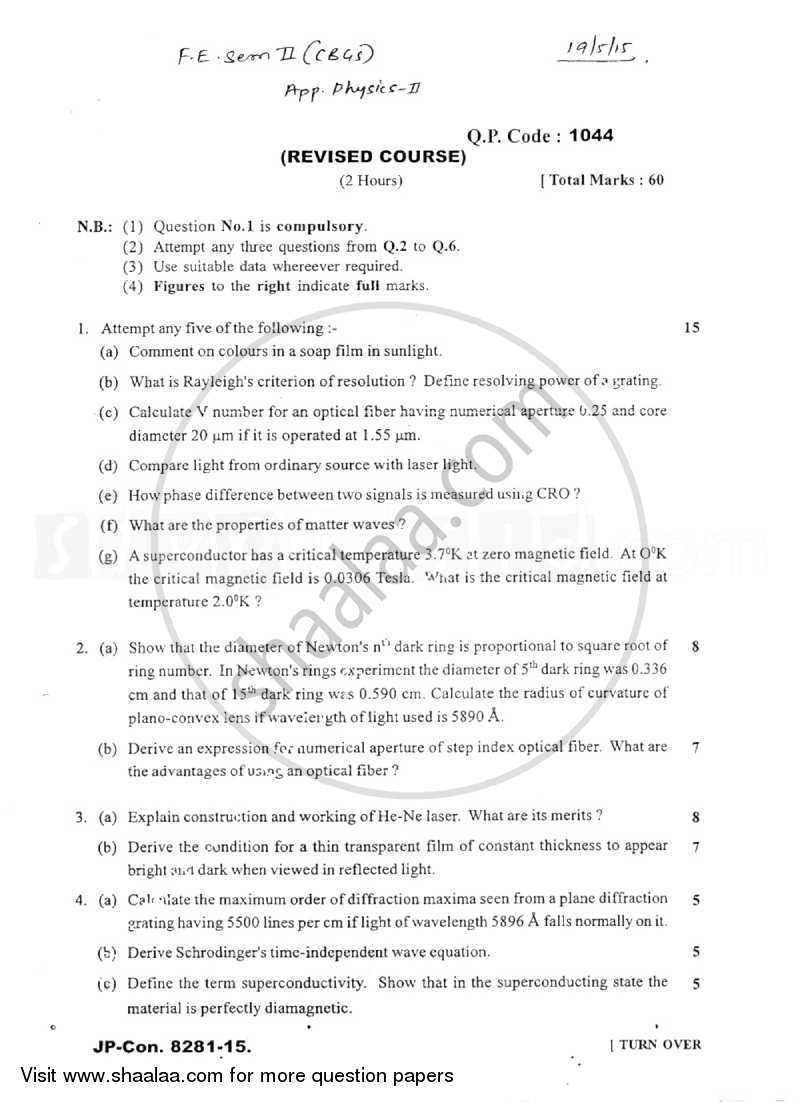 Applied Physics 2 2014-2015 - B.E. - Semester 2 (FE First Year) - University of Mumbai question paper with PDF download