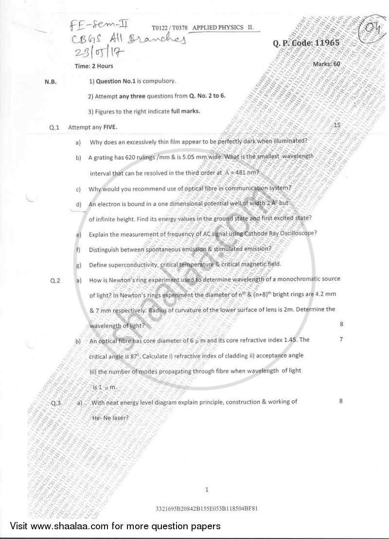 Applied Physics 2 2016-2017 - B.E. - Semester 2 (FE First Year) - University of Mumbai question paper with PDF download