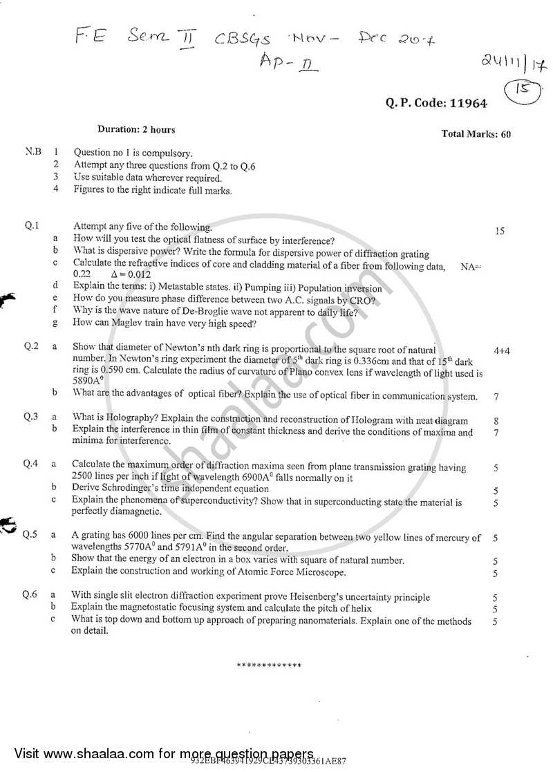 Applied Physics 2 2017-2018 - B.E. - Semester 2 (FE First Year) - University of Mumbai question paper with PDF download