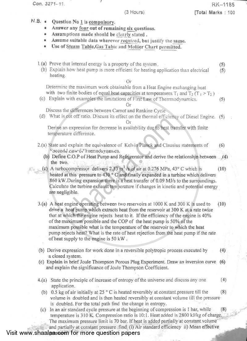 Applied Thermodynamics 2010-2011 - B.E. - Semester 4 (SE Second Year) - University of Mumbai question paper with PDF download