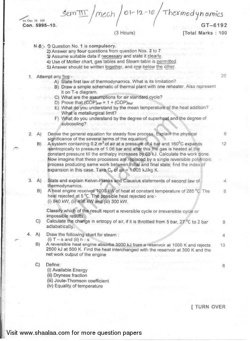 Applied Thermodynamics 2010-2011 - B.E. - Semester 4 (SE Second Year) - University of Mumbai question paper with PDF download
