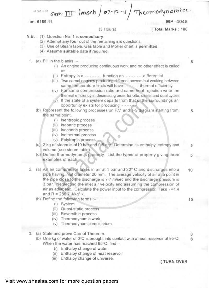 Applied Thermodynamics 2011-2012 - B.E. - Semester 4 (SE Second Year) - University of Mumbai question paper with PDF download