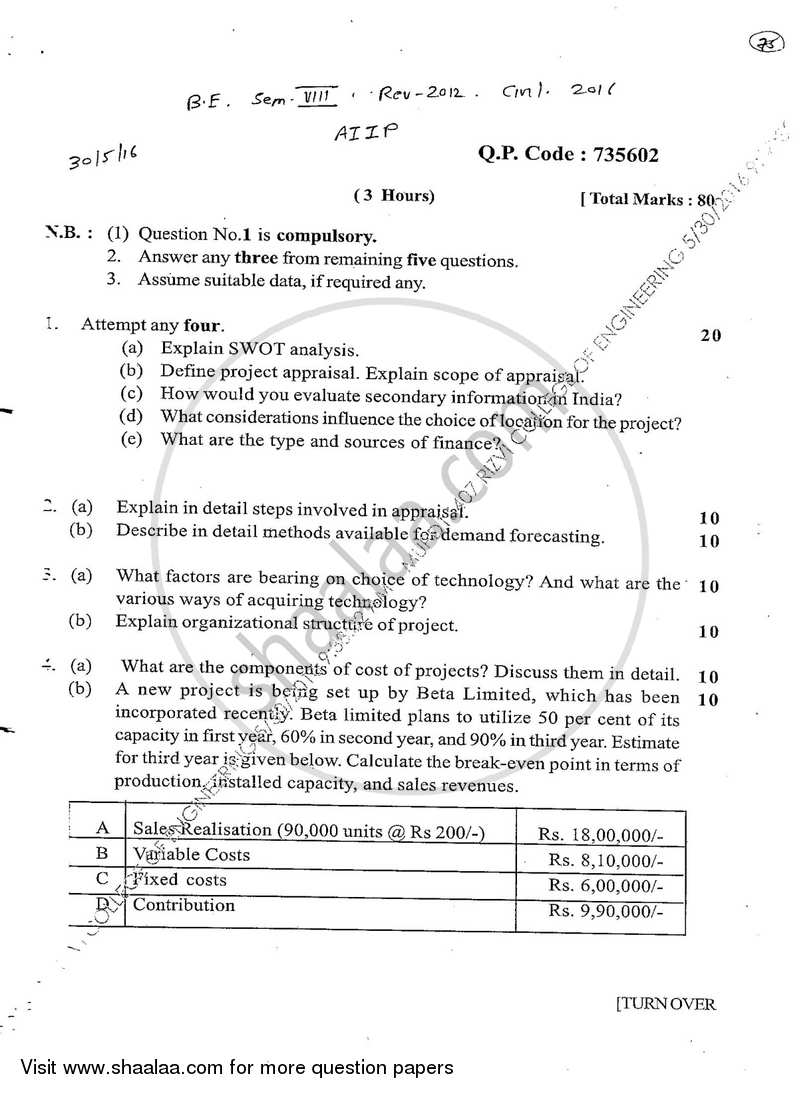 Apprisal and Implimentation of Infrastructure Projects 2015-2016 - B.E. - Semester 8 (BE Fourth Year) - University of Mumbai question paper with PDF download