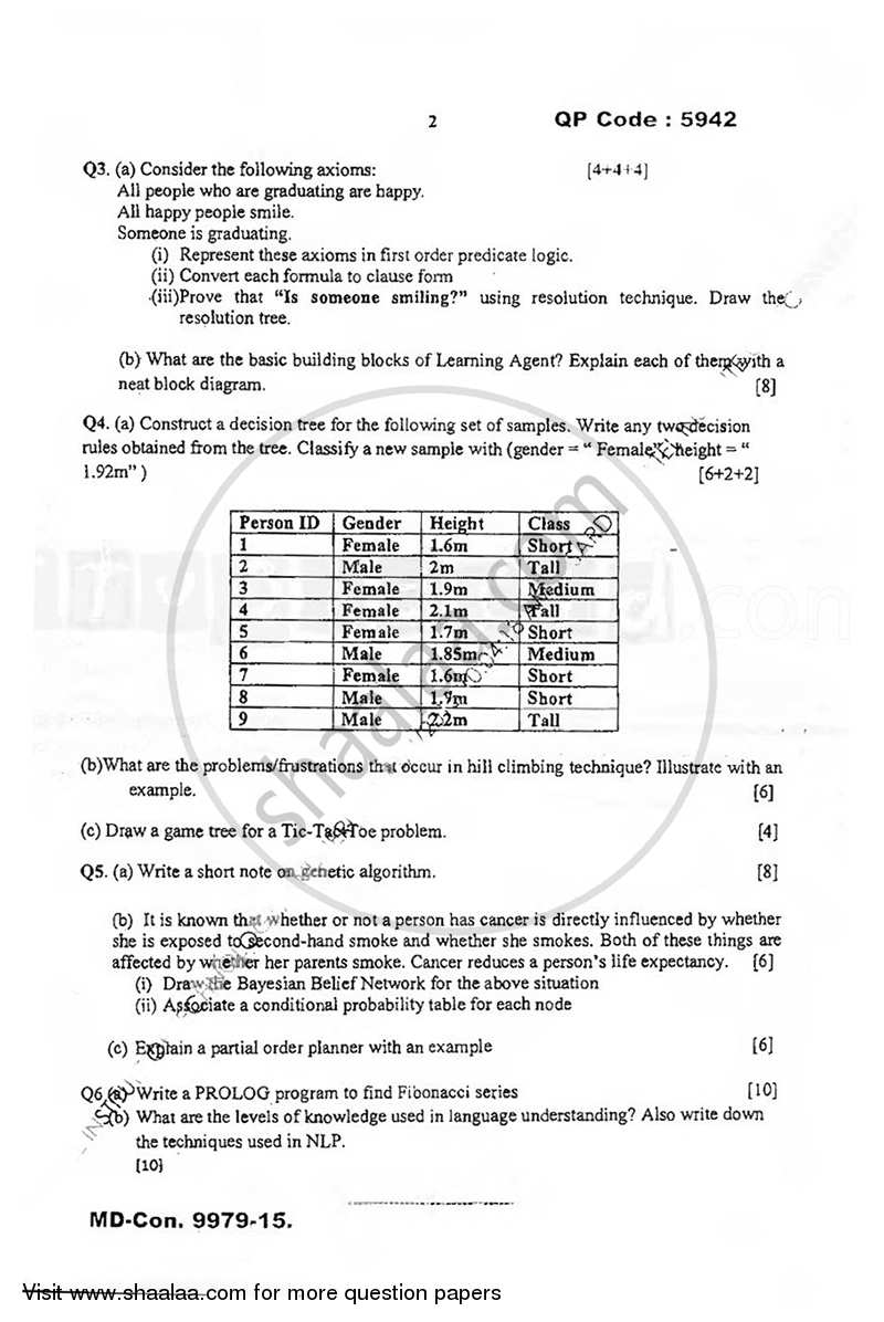 Artificial Intelligence 2015-2016 - B.E. - Semester 7 (BE Fourth Year) - University of Mumbai question paper with PDF download