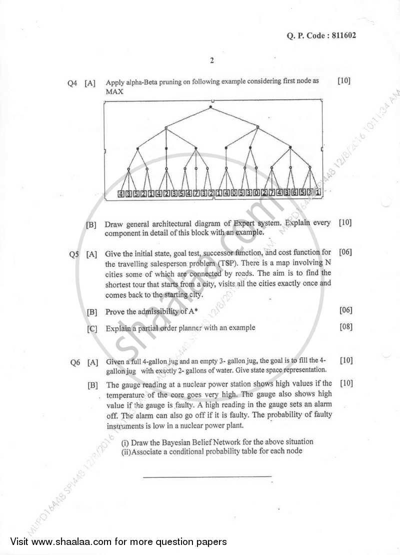 Artificial Intelligence 2016-2017 - B.E. - Semester 7 (BE Fourth Year) - University of Mumbai question paper with PDF download