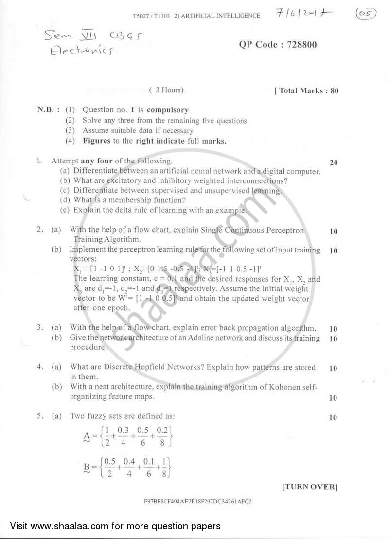 Artificial Intelligence 2016-2017 - B.E. - Semester 7 (BE Fourth Year) - University of Mumbai question paper with PDF download