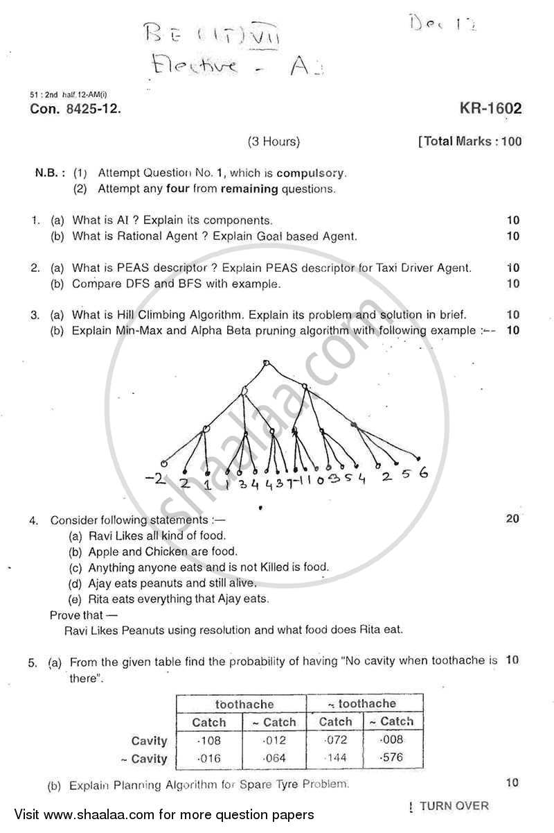 Artificial Intelligence 2012-2013 - B.E. - Semester 7 (BE Fourth Year) - University of Mumbai question paper with PDF download
