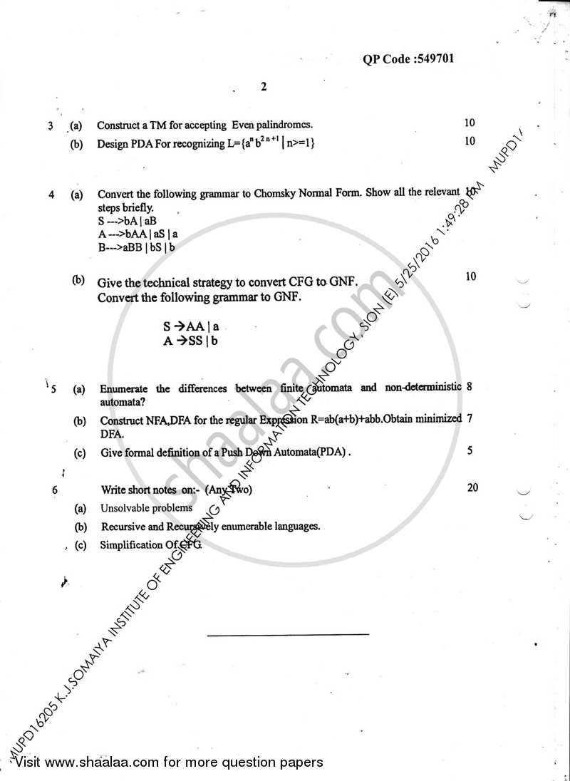 Automata Theory 2015-2016 - B.E. - Semester 4 (SE Second Year) - University of Mumbai question paper with PDF download