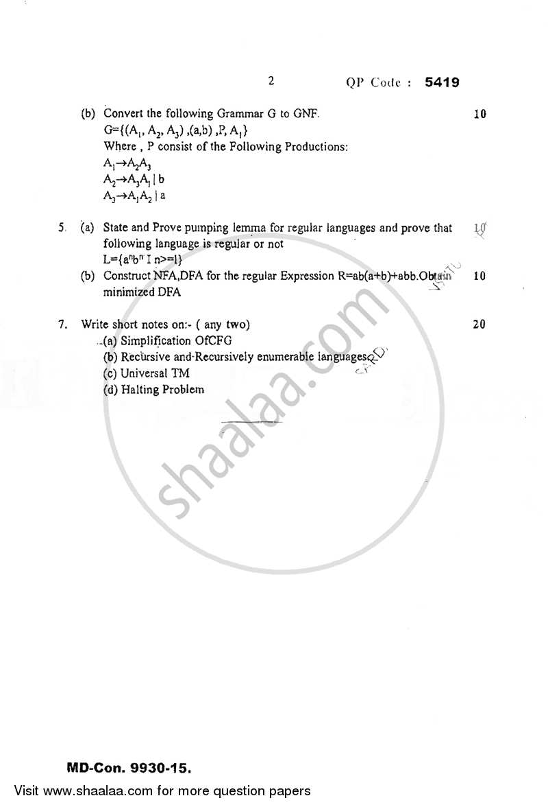 Automata Theory 2015-2016 - B.E. - Semester 4 (SE Second Year) - University of Mumbai question paper with PDF download