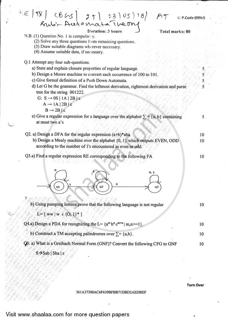 Automata Theory 2017-2018 - B.E. - Semester 4 (SE Second Year) - University of Mumbai question paper with PDF download