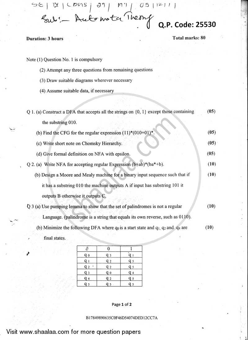 Automata Theory 2017-2018 - B.E. - Semester 4 (SE Second Year) - University of Mumbai question paper with PDF download