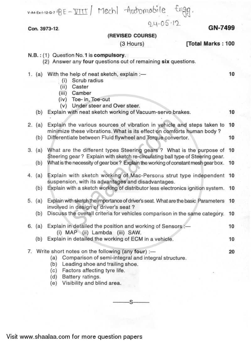Automobile Engineering 2011-2012 - B.E. - Semester 8 (BE Fourth Year) - University of Mumbai question paper with PDF download