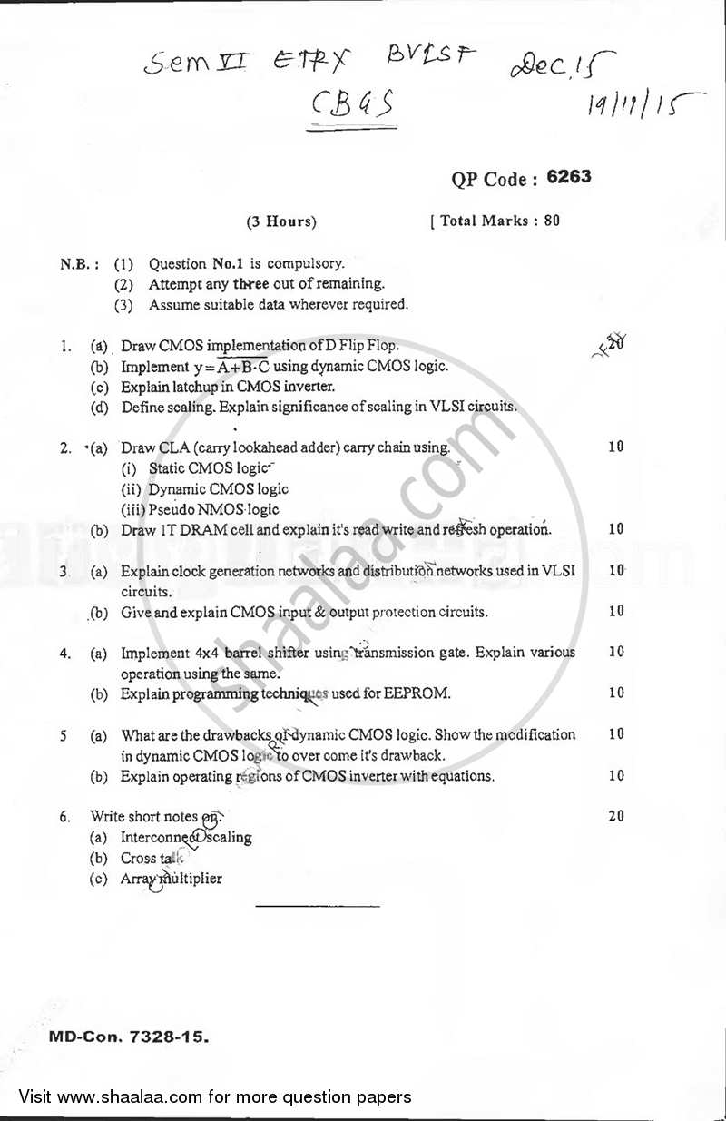 Basic Vlsi Design 2015-2016 - B.E. - Semester 6 (TE Third Year) - University of Mumbai question paper with PDF download