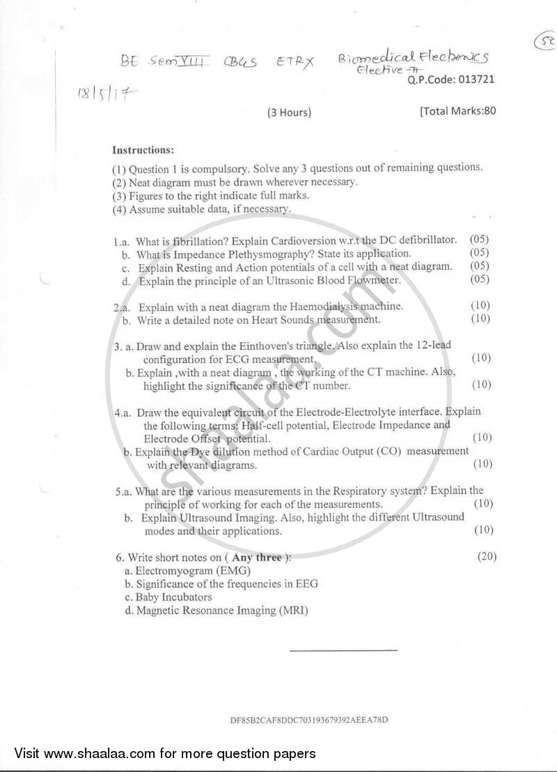 Biomedical Electronics 2016-2017 - B.E. - Semester 8 (BE Fourth Year) - University of Mumbai question paper with PDF download