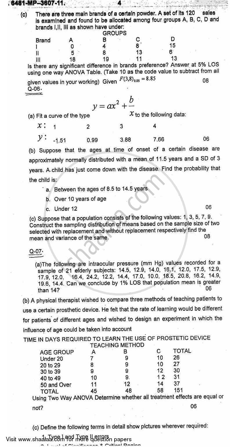Biostatistics 2011-2012 - B.E. - Semester 6 (TE Third Year) - University of Mumbai question paper with PDF download