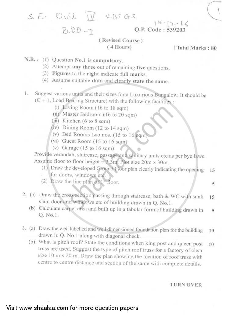 Building Design and Drawing 1 2016-2017 - B.E. - Semester 4 (SE Second Year) - University of Mumbai question paper with PDF download