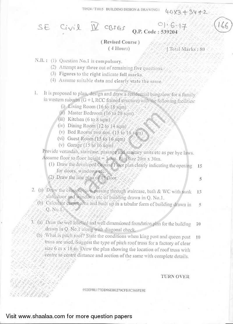 Building Design and Drawing 1 2016-2017 - B.E. - Semester 4 (SE Second Year) - University of Mumbai question paper with PDF download