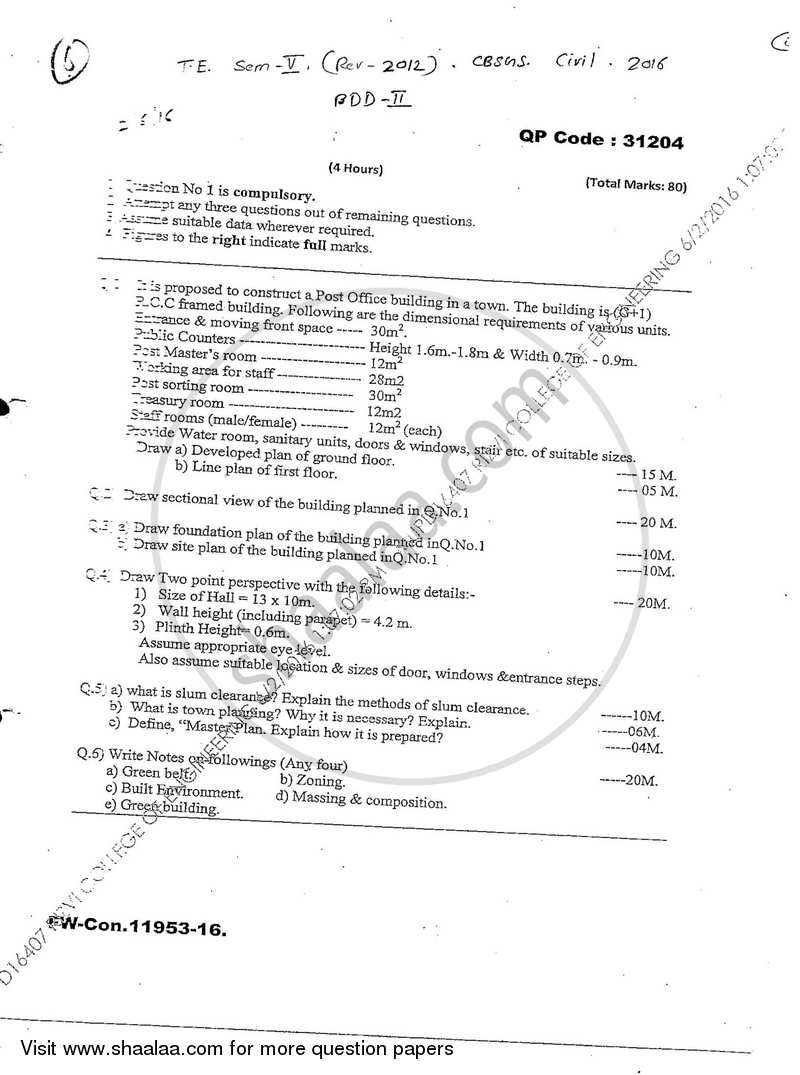 Building Design and Drawing 2 2015-2016 - B.E. - Semester 5 (TE Third Year) - University of Mumbai question paper with PDF download