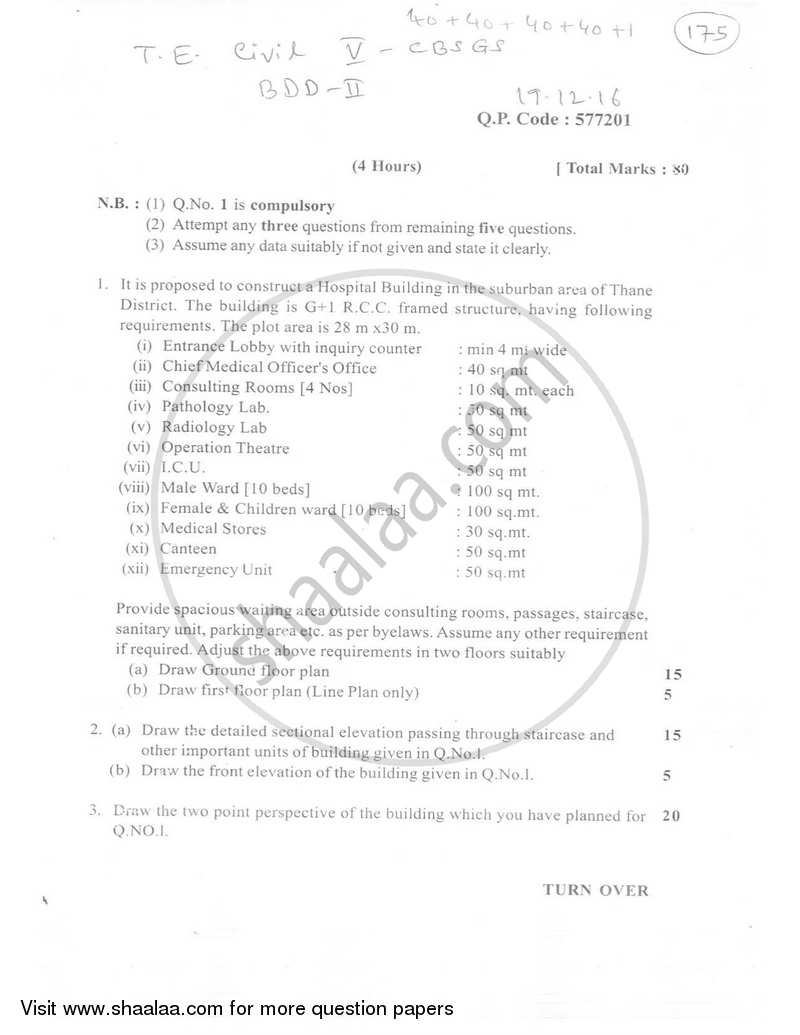 Building Design and Drawing 2 2016-2017 - B.E. - Semester 5 (TE Third Year) - University of Mumbai question paper with PDF download