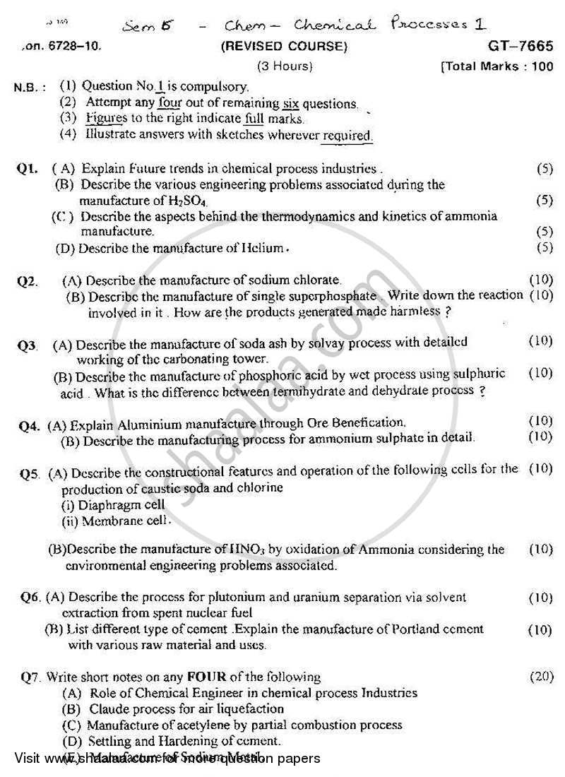 Chemical Process- 1 2010-2011 - B.E. - Semester 6 (TE Third Year) - University of Mumbai question paper with PDF download