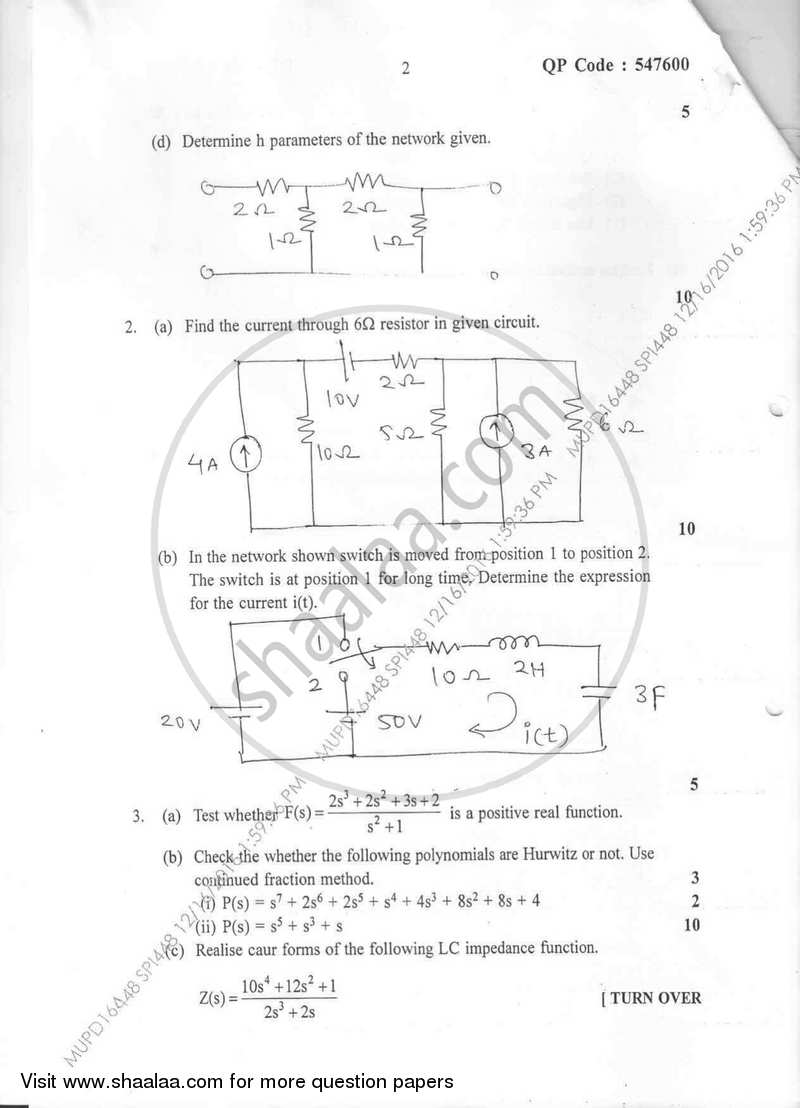 Circuit Theory 2016-2017 - B.E. - Semester 3 (SE Second Year) - University of Mumbai question paper with PDF download