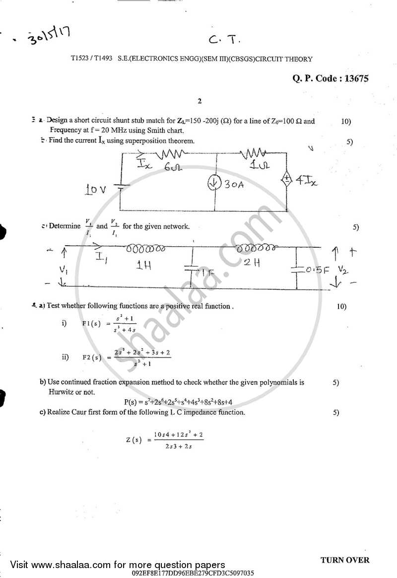 Circuit Theory 2016-2017 - B.E. - Semester 3 (SE Second Year) - University of Mumbai question paper with PDF download