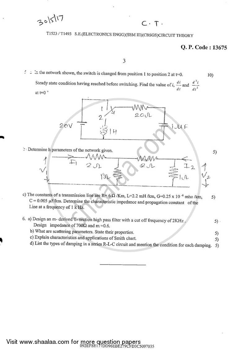 Circuit Theory 2016-2017 - B.E. - Semester 3 (SE Second Year) - University of Mumbai question paper with PDF download