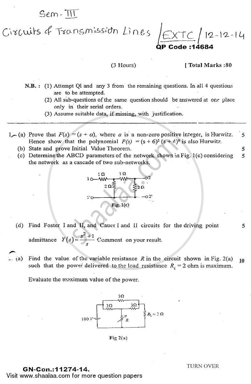 Circuits and Transmission Lines 2014-2015 - B.E. - Semester 3 (SE Second Year) - University of Mumbai question paper with PDF download