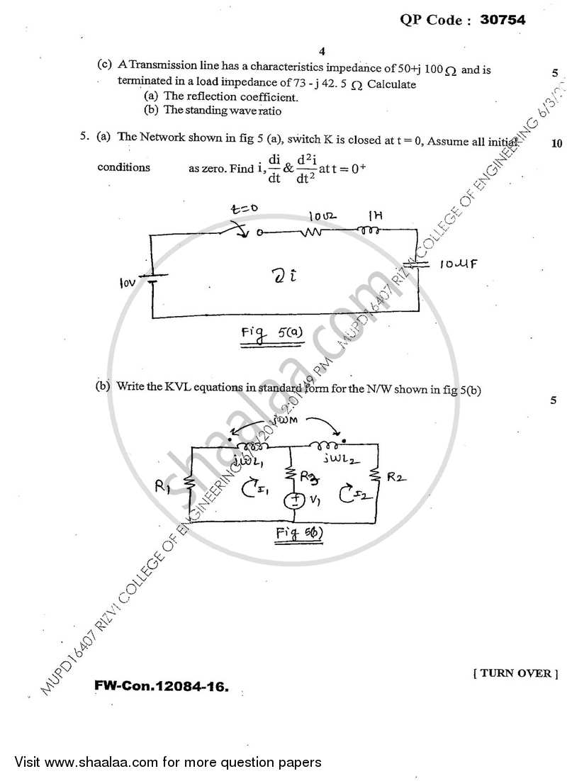 Circuits and Transmission Lines 2015-2016 - B.E. - Semester 3 (SE Second Year) - University of Mumbai question paper with PDF download