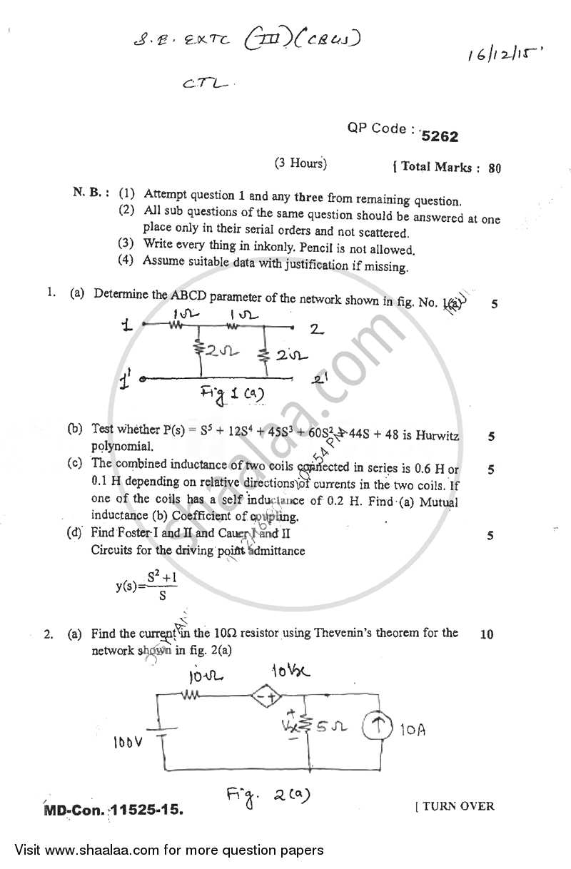 Circuits and Transmission Lines 2015-2016 - B.E. - Semester 3 (SE Second Year) - University of Mumbai question paper with PDF download