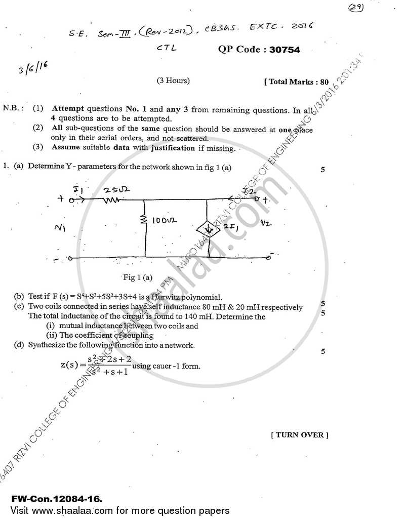 Circuits and Transmission Lines 2015-2016 - B.E. - Semester 3 (SE Second Year) - University of Mumbai question paper with PDF download