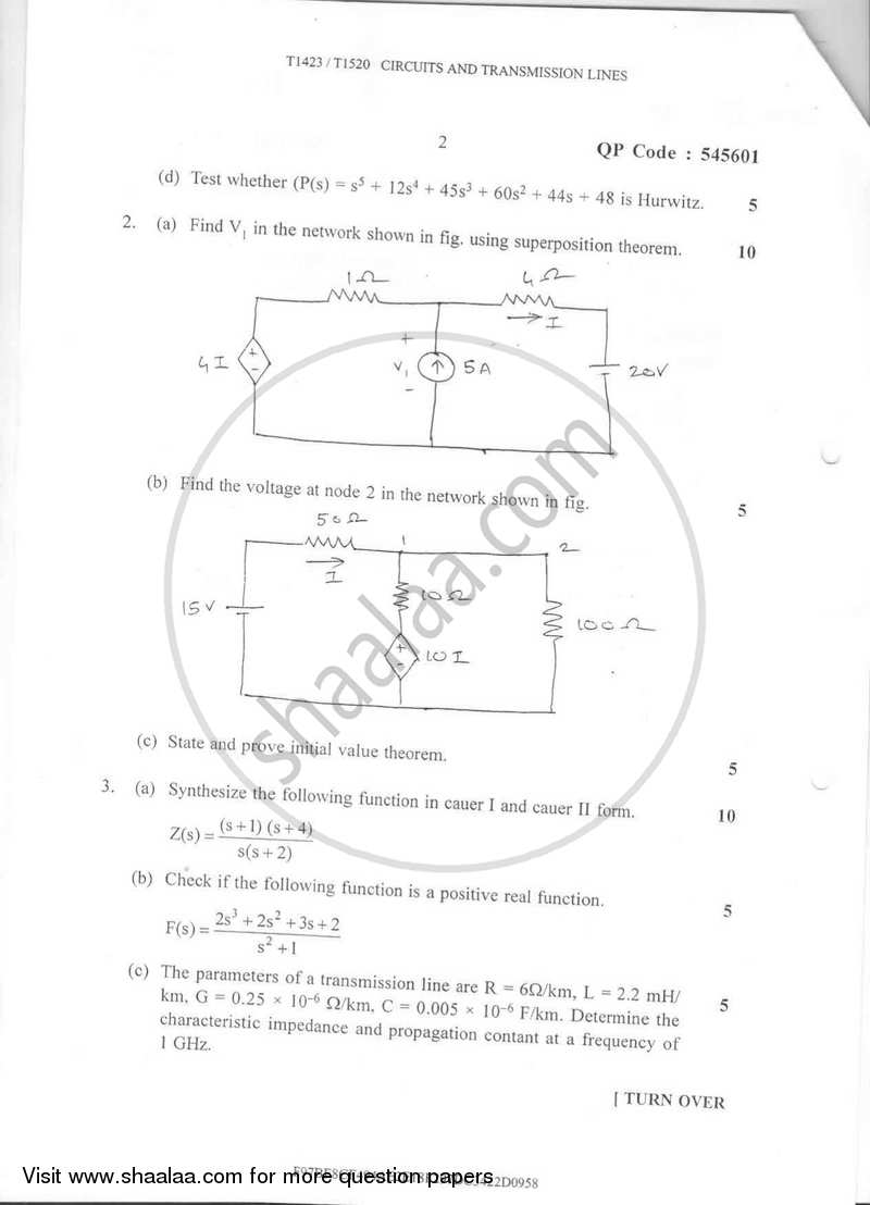 Circuits and Transmission Lines 2016-2017 - B.E. - Semester 3 (SE Second Year) - University of Mumbai question paper with PDF download