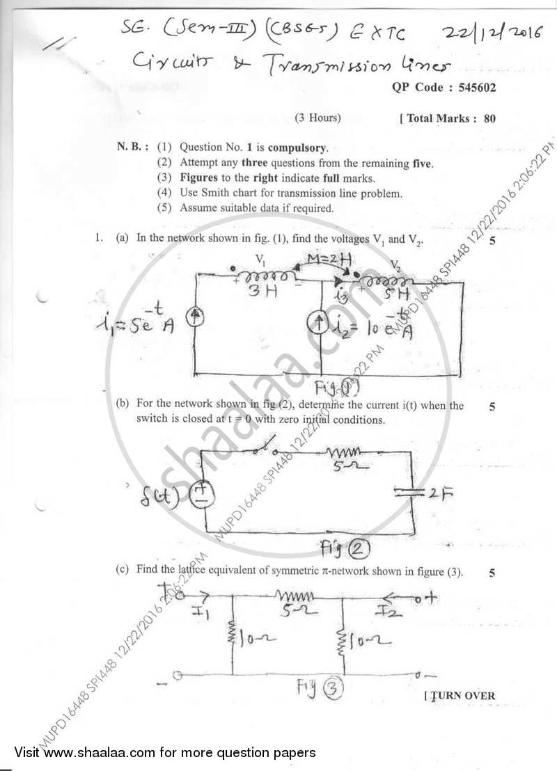 Circuits and Transmission Lines 2016-2017 - B.E. - Semester 3 (SE Second Year) - University of Mumbai question paper with PDF download