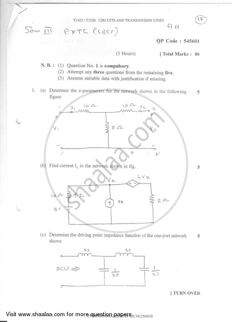 Circuits and Transmission Lines 2016-2017 - B.E. - Semester 3 (SE Second Year) - University of Mumbai question paper with PDF download