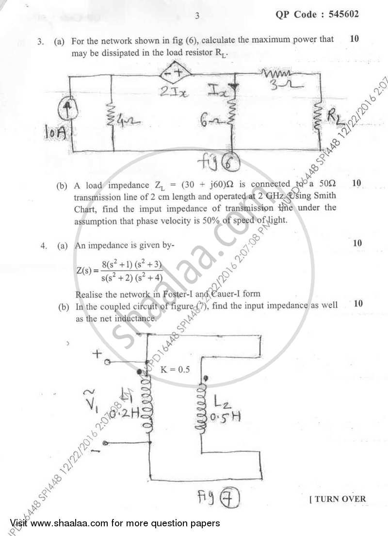 Circuits and Transmission Lines 2016-2017 - B.E. - Semester 3 (SE Second Year) - University of Mumbai question paper with PDF download